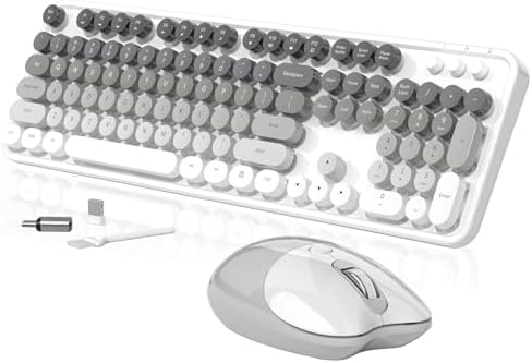 Creamy Wireless Keyboard and Mouse, MOFII 104 Round Keycaps Retro Typewriter with OTG & Brush, Full-Size Ergonomic, Ideal for Windows PC, Home, Office and College Gray White by MOFII