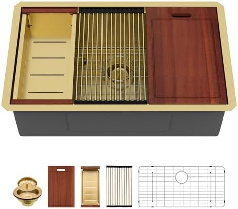 Sarlai 32 Gold Undermount Kitchen Sink 32" x19" Gold Sinks Workstation by Sarlai