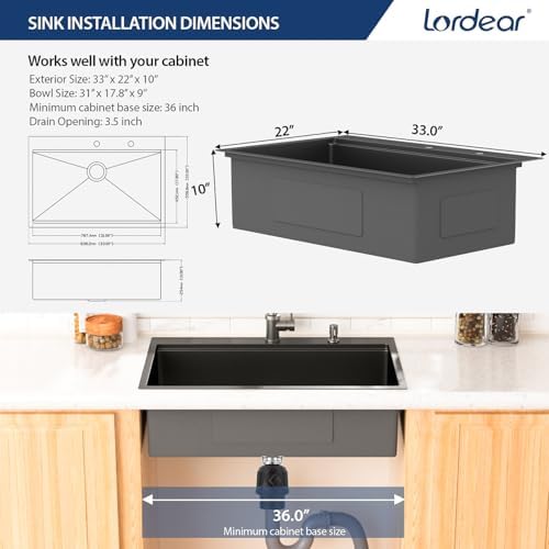 Lordear 33 Inch Black Drop in Kitchen Sink SUS304 16 Gauge Stainless Steel - Image 6