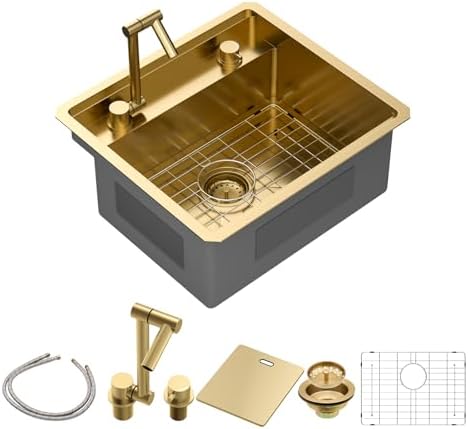 Sarlai Outdoor Sink, 21x19 Inch Gold Undermount Kitchen Sink Workstation with Foldable Faucet Bar Prep Single Bowl Gold Kitchen Sinks16 Gauge Stainless Steel BBQ Sinks with Cover 21"x19"x9“ by Sarlai