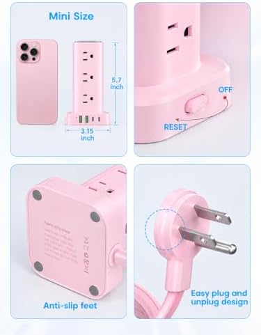 Power Strip Tower with Wireless Charger, Flat Plug Surge Protector Tower with 6FT Extension Cord, 12 AC Multiple Outlets, 4 USB (2 USB C),15W Wireless Charging Power Tower for Home Office Dorm, Pink - Image 3