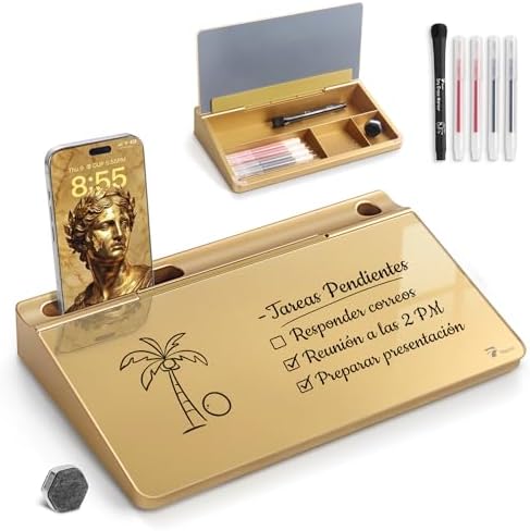 TOWON Compact Glass Desktop Whiteboard with Storage 12x7 in, Metallic Gold by TOWON