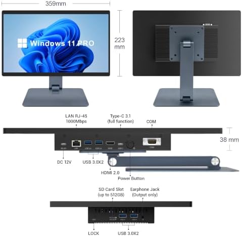 HIGOLEPC All-in-One 15.6" Desktop Computers, FHD 360°Adjustable Industrial Touchscreen Win 11 Pro N5095 Tablet Panel PC 8GB RAM 128GB ROM, HDMI 2.0 WiFi 5 Bluetooth 5.0 for Office/Automation/Kiosk - Image 4