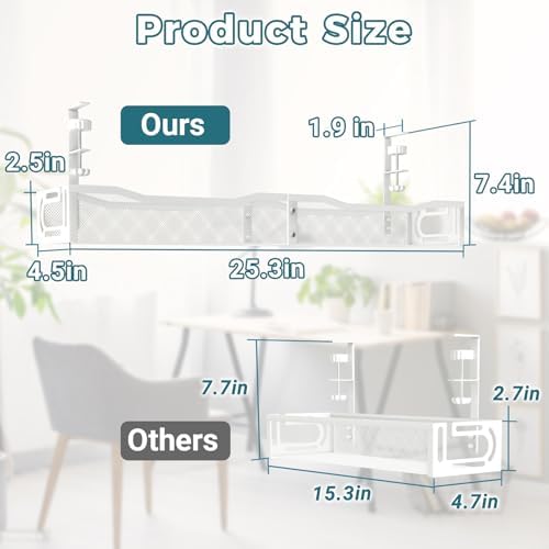 Cable Management Under Desk, 25.3'' No Drill Desk Cable Management Tray with Clamp, Metal Cord Organizer for Standing Desk, Computer Wire Management for Home Office & Gaming Setup, White - Image 2