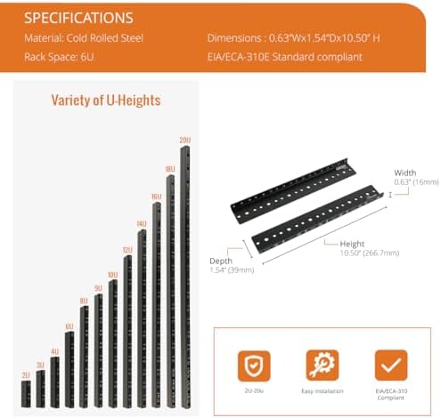 Tecmojo 6U Vertical Rack Rail Pair Kit DIY Rack Rails Kit, 12-24 Screws Included to Mount Equipment, Tapped Hole - Image 5