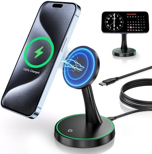 Magnetic Wireless Charger Stand 15W Fast Mag-Safe Charger for iPhone 18 Pro / 18 Pro Max 17/16/15/14/13/12 Series Magnet Wireless Charging Station/Pad with Sleep-Friendly Light for AirPods by Verticalmagneticcharging