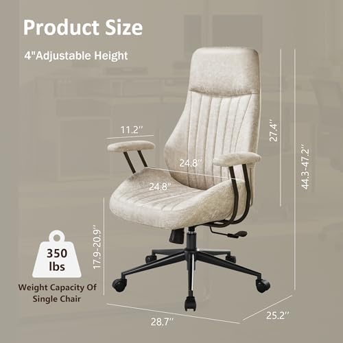 High Back Home Office Chair, Mid Century Vintage Executive Chair,Comfy Ergonomic Rolling Office Task Chair with Lumbar Support, Faux Leather Office Chair,Beige - Image 2