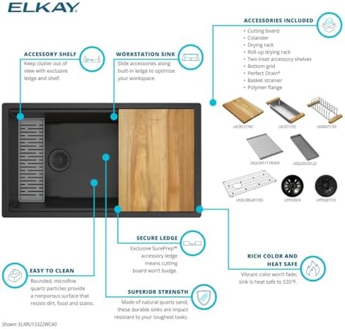 Elkay ELXRU13322W Quartz Luxe 33" Undermount Single Basin Quartz Composite Workstation Kitchen Sink with Basin Rack, Colander and Cutting Board - Sandstone - Image 4