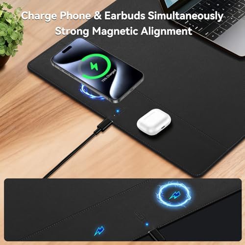 Wireless Charging Mouse Pad, 15W Fast Charge Magnetic Charger Desk Pad, Large Office Desk Mat (23.4"x15.6") with Ultra-Smooth Surface, Black Computer Mousepad for MacBook, PC, Laptop - Image 3