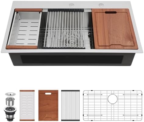 Lordear 36 Drop In Kitchen Sinks Worktation 16 Gauge Stainless Steel Single Bowl Ledge Worktation 36x19 Inch Topmount Overcounter Handmade Kitchen Sink Basin With Cutting Board by LORDEAR