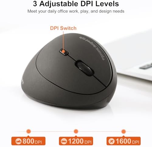 SANWA 2.4G Wireless Ergonomic Mouse, Optical Vertical Ergo Mice for Small Hands, Reduce Wrist Strain, 800/1200/1600 DPI, 5 Buttons, Compatible with MacBook, Laptop, Windows, Mac OS, Black - Image 4
