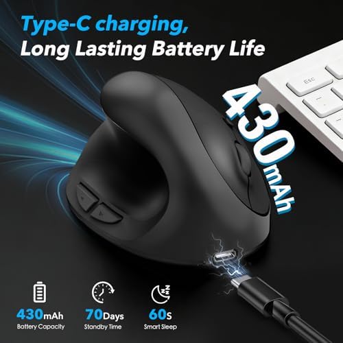 Left Hand Ergonomic Vertical Wireless Mouse Type C Rechargeable 6-Btn Mice - Image 2