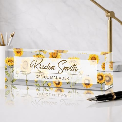 Personalized Name Plate for Desk Custom Desk Name Plate Acrylic Office Desk Accessories Decor for Women Teacher Nurse Boss Employee Appreciation Gifts for Mother Sunflower Name Plates by Feraurae