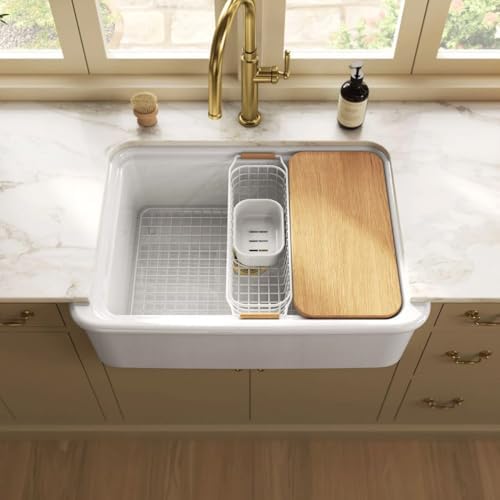 Kohler K-36251-PC Audrine by Studio McGee 32-1/2" Farmhouse Workstation Single Basin Fireclay Kitchen Sink with Basin Rack, Colander and Cutting Board by Unknown