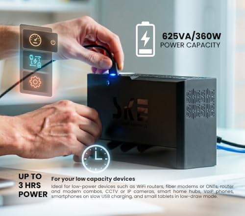 SKE VL625 625VA/360W UPS Battery Backup and Surge Protector - Uninterruptible Power Supply with AVR, 7 Outlets, USB and Type-C Charging, RJ45 Port for Computer, Router, Modem, and Home Office Devices - Image 6