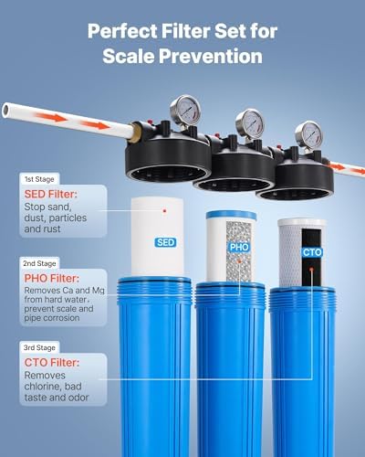 VEVOR Whole House Water Filter System, 3-Stage | Sediment, PHO, CTO | 4.5" x 20" Home Water Purifier Filter Reduce Chlorine, Bad Taste, Odor, Rust, Prevent Scale and Corrosion - Image 3
