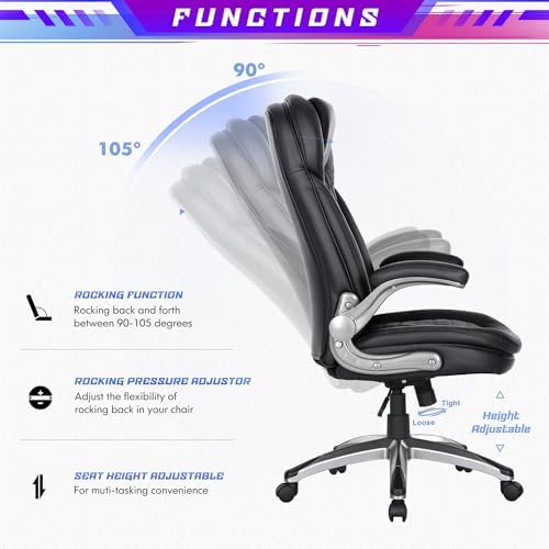 Office Chair Ergonomic Desk Chair-Executive Office Chair, High Back Computer Chair Flip-up Arms, Strong Metal Base, Swivel Rolling Leather Chair for Adult Work/Study-Black, 300lbs - Image 5