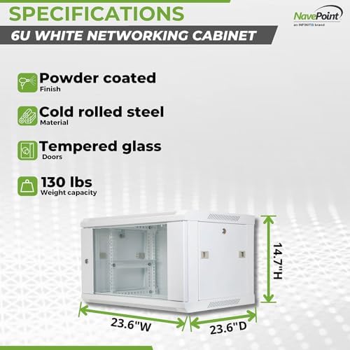 NavePoint 6U Network Cabinet with Glass Door – 6U Wall Mount Server Cabinet White 19” Rack for IT Equipment, AV Devices, Networking Equipment –23” Deep Server Rack Enclosure - Image 4