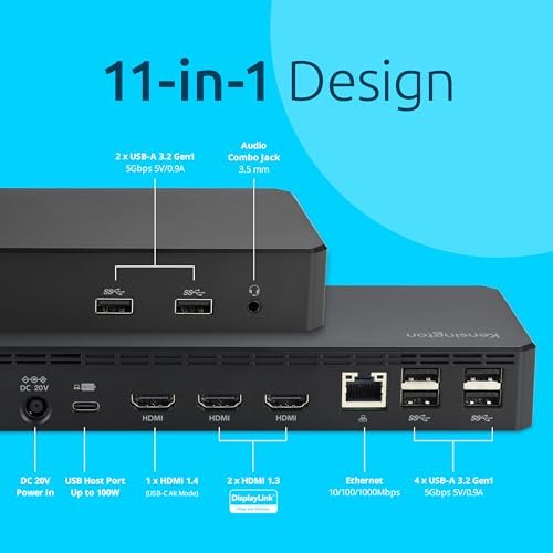 Kensington SD4760P 11-in-1 USB-C Docking Station Triple Monitor DisplayLink, 3xHDMI, 100W Charging for Laptop, 6xUSB A, Ethernet, Audio, for Mac and Windows Driver Require K33622NA, Black - Image 3