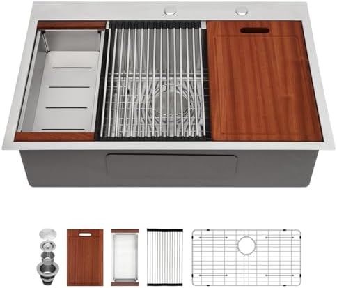 Sarlai Drop In Kitchen Sink - 33x22 Drop In Kitchen Sink Ledge Workstation 16 Gauge Stainless Steel Topmount Deep Single Bowl Over Counter Sinks Basin Round Corners by Sarlai