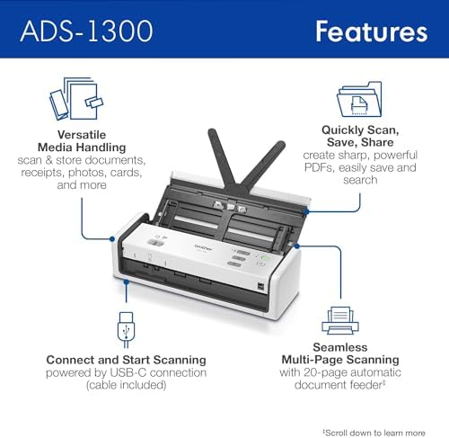 Brother ADS-1300 Compact Desktop Scanner | Scan Speeds of Up to 30ppm | Single Pass Double-Sided Scanning - Image 3