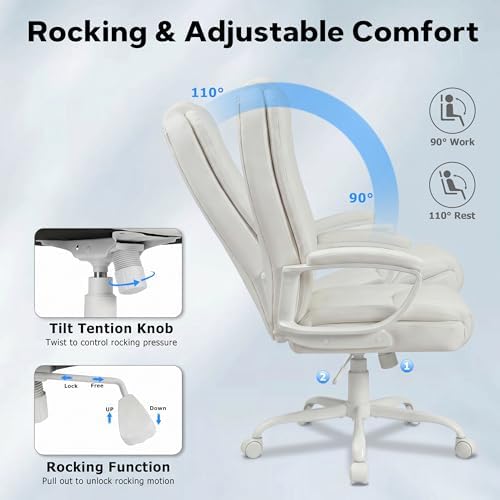Executive Office Chair, High Back Ergonomic Desk Chair with Lumbar Support, Adjustable Big and Tall Computer Chair, 360° Swivel, PU Leather, White - Image 7