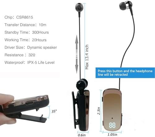 Retractable Wireless Headset Headphone Stereo Earphone V5.0 Noise Cancelling Mic Clip on Earpiece Comfortable HandsFree Headset 20Hrs Talking Time Sports Business Trucker Driver Earbud - Image 5