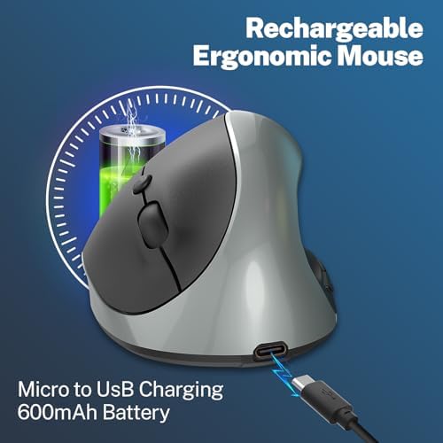 Ergonomic Mouse,Rechargeable Small Vertical Mouse with 6 Buttons Adjustable 800/1200/1600 DPI Purple Wireless Mouse for Laptop, Desktop, PC, MacBook (Gray) - Image 4