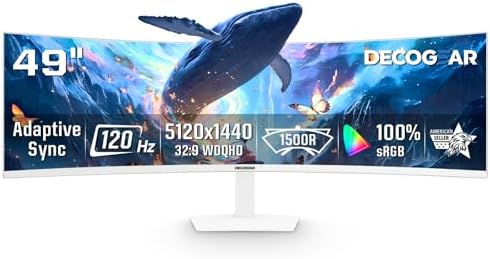 Deco Gear 49" Curved Ultrawide 5K Gaming Monitor, 32:9, 120 Hz, 101% NTSC 100% sRGB, USB-C 65W, Adjustable, Home Office and Entertainment Workstation - Exclusive White Edition by DecoGearUSA