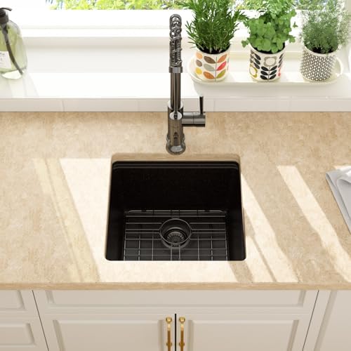 Lordear 18 Inch Black Granite Composite Kitchen Sink Workstation 18x18 Matte Black Undermount Quartz Sinks Under Counter Single Bowl Sink with Black Accessories - Image 4