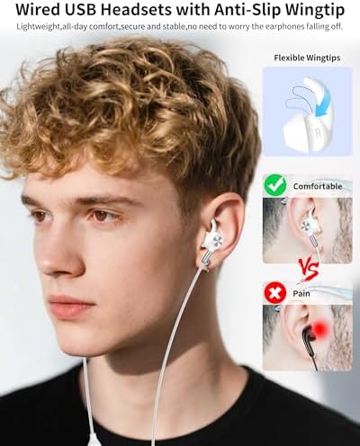 USB Earbuds with Microphone for PC Laptop,USB A Headphones,White - Image 3