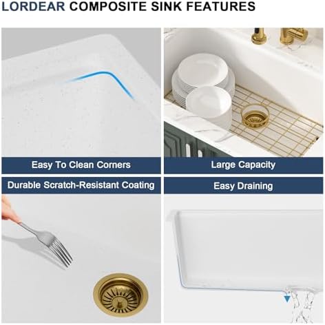 Lordear 30 Inch White Kitchen Sink Granite Composite Undermount Kitchen Sink Workstation 30x19 White Quartz Sinks Under Counter Single Bowl with Classic Gold Accessories - Image 6