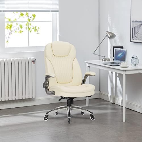 COLAMY Ivory Leather High Back Executive Office Chair, Ergonomic Desk Chair with Flip-up Arms, Thick Cushion, Silent Nylon Wheels, Adjustable Height & Rocking Function, 300lbs Capacity - Image 2