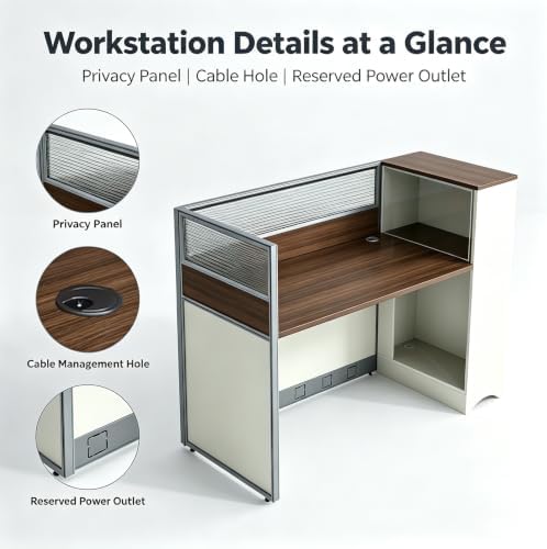Modular Office Cubicle Workstation Desk with Privacy Panels and Cable Management,Long Computer Desk for Commercial Workspace, Sound Dampening Partition Wall (White+Walnut, 59IN) - Image 3