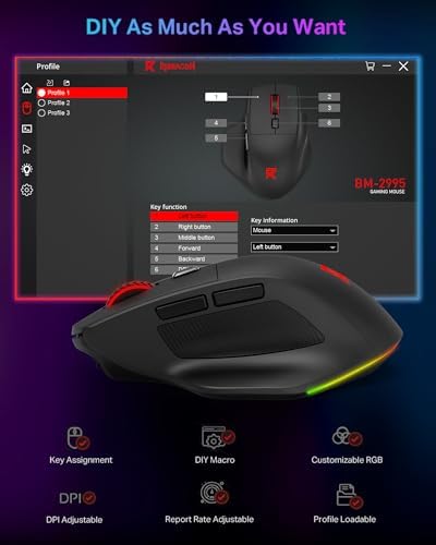 Redragon Large Wireless Gaming Mouse for Big Hands, Tri-Modes 2.4G/Bluetooth/Wired Rechargeable Ergo RGB Mouse with 2 Side Buttons, 6 Backlit Modes, Programmable Macro Gamer Mouse - Image 2