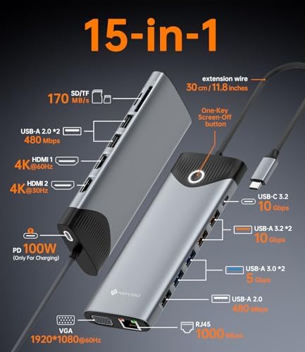 NOVOO 10Gbps USB-C Docking Station, 15-in-1 Dual/Triple 4K 60Hz HDMI & VGA - Image 2
