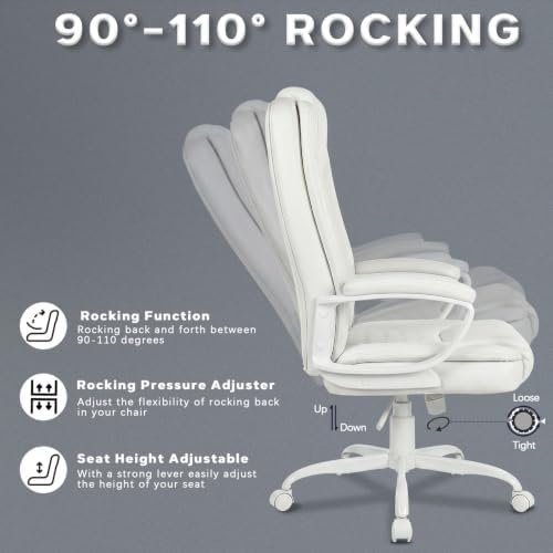 LEMBERI High Back PU Leather Executive Office Chair, Adjustable Swivel Computer Desk Chair with Padded Armrests for Home Office, White - Image 6