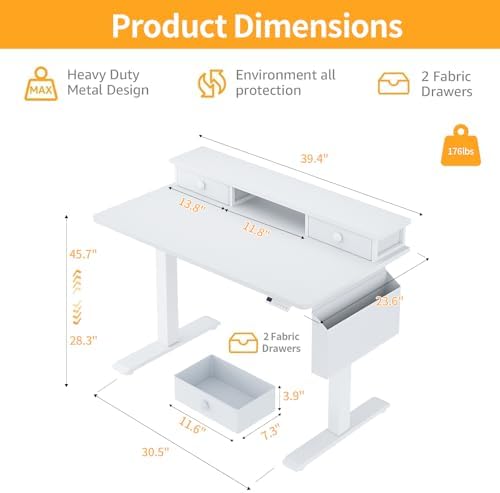 KLUVIS White Electric Standing Desk with Drawers, 40 Inch - Image 3