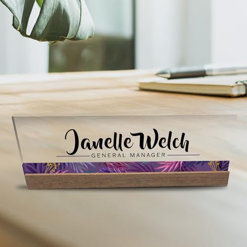 Artblox Personalized Office Desk Name Plate and Business Card Holder | Clear Acrylic Glass with Teak Wood Stand | Purple Stripe Design Customized with Your Name and Credentials Office Desk Décor - Image 5