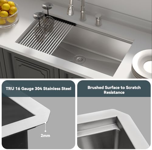 Lordear 32 Undermount Kitchen Sink 32x19 Inch Stainless Steel Kitchen Sinks Ledge Workstation 16 Gauge Single Bowl Under Counter Handmade Sink with Cutting Board - Image 6