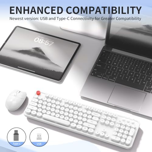 Wireless Keyboard Mouse, MOFII 104 Keys Cute Retro Typewriter White - Image 7