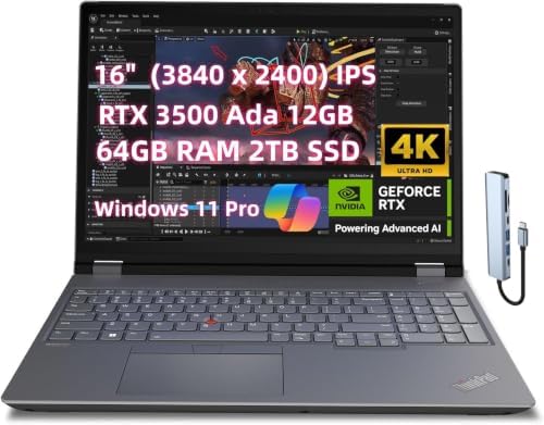 NewLenovo ThinkPad P16 Mobile Workstation Laptop, ( RTX 3500 Ada 12GB, 16" UHD+ 4K+ 800 nits, Core i7-14700HX, 64GB RAM 2TB SSD) for Engineer Designer Architect, Copilot+AI PC Fingerprint Win 11 Pro by Basrdis