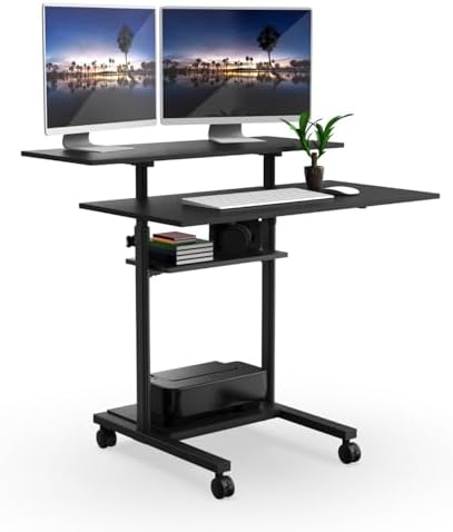 Mount-It! Mobile Desk Workstation 40 Inch Wide Large Rolling Computer Desk is Height Adjustable to 64 Inches, Sit Stand Computer Cart with Multi Level Shelves on Wheels in Black by Mount-It