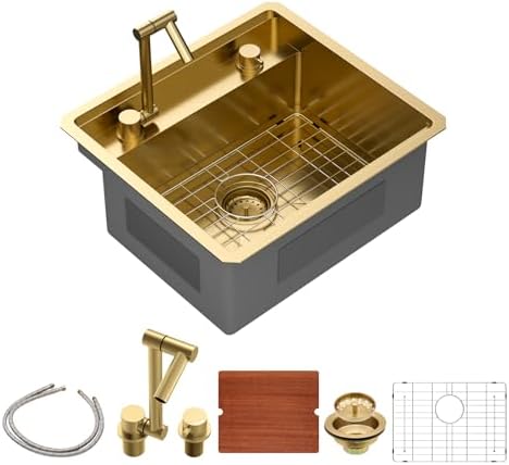 Sarlai Gold Undermount Bar Sink - 21x19 Inch Outdoor Kitchen Sink RV Workstation Gold 16 Gauge Stainless Steel Single Bowl Handmade Outdoor BBQ Sinks With Foldable Faucet by Sarlai