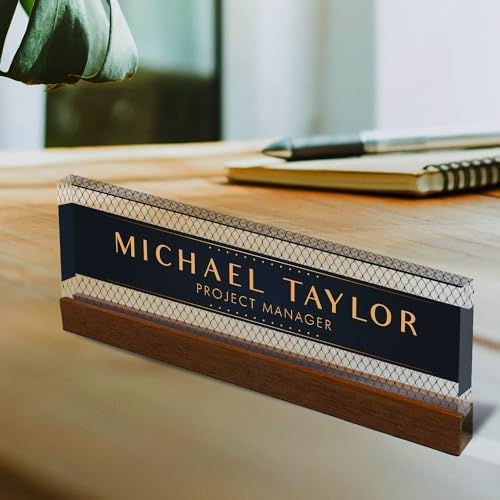 Artblox Personalized Office Desk Name Plate With Business Card Holder | Clear Acrylic Glass with Teak Wood Stand | Net Shape Design Customized with Your Name and Credentials Office Desk Décor - Image 3