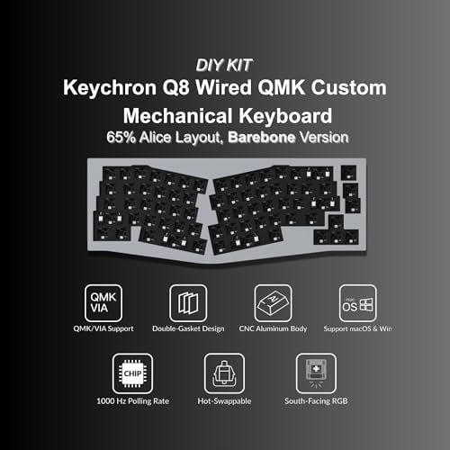 Keychron Q8 65% Alice Layout Barebone Mechanical Keyboard – Full Metal, Wired, Hot-Swappable, QMK Programmable Macros, Mac/Windows/Linux Compatible, RGB, Double-Gasket DIY Kit – Grey - Image 2