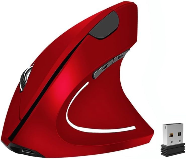 Ergonomic Mouse, Vertical Wireless Mouse 2.4G Rechargeable Optical Vertical Mouse High Precision Optical Mouse Adjustable800/1200/1600 DPI 6 Buttons, for Laptop etc, Red,Specially for Right-handers by Unknown