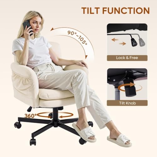 Bestier Criss Cross Office Chair with Flip-Up Arms, Beige Velvet Desk Chair - Image 5