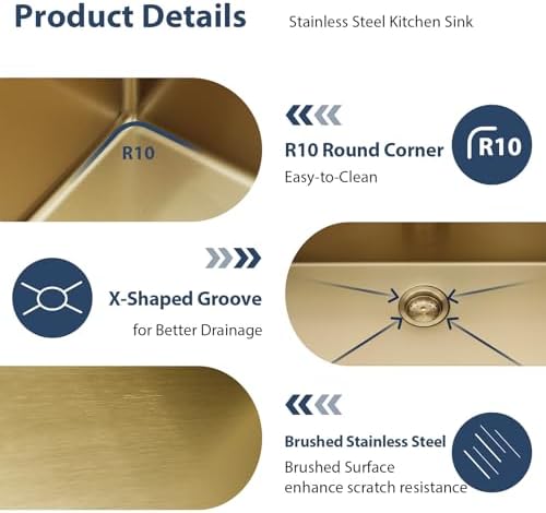 Lordear Gold Undermount Kitchen Sink Workstation 30 Inch Kitchen Sink 16 Gauge Stainless Steel Under Counter Sink Single Bowl Handmade Kitchen Sinks Basin 30x19x10 Inch - Image 6
