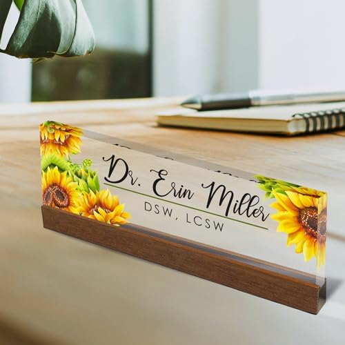 Artblox Personalized Office Desk Name Plate and Business Card Holder | Clear Acrylic Glass with Teak Wood Stand | Sunflowers Design Customized with Your Name and Credentials Office Desk Decor - Image 2